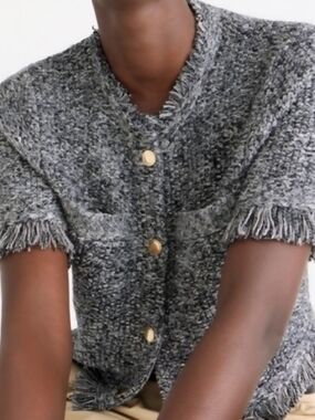 J. Crew Lady Jacket Marled Tweed Texture Gray Fringe Short-Sleeve